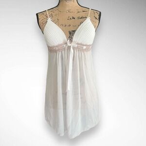 LINEA‎ DONATELLA White Chiffon Spaghetti Strap Babydoll Nightgown Medium | EUC